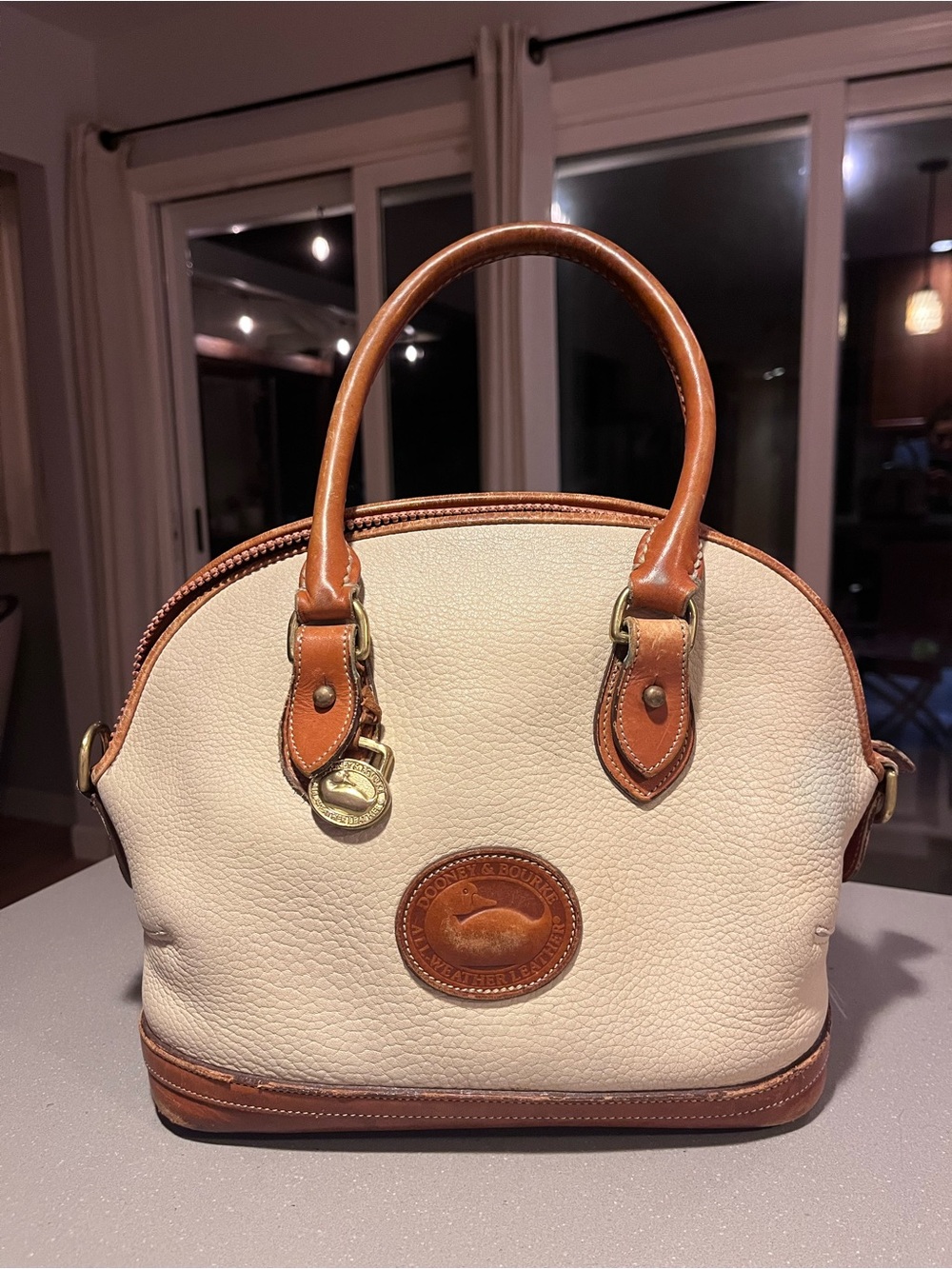 Dooney & Bourke Cream and Tan Leather Dome Satchel with Gold-Tone Hardware